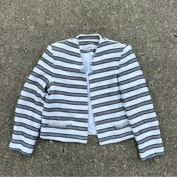 Calvin Klein notched open front woven stripe blazer white charcoal navy stripe - Picture 1 of 7